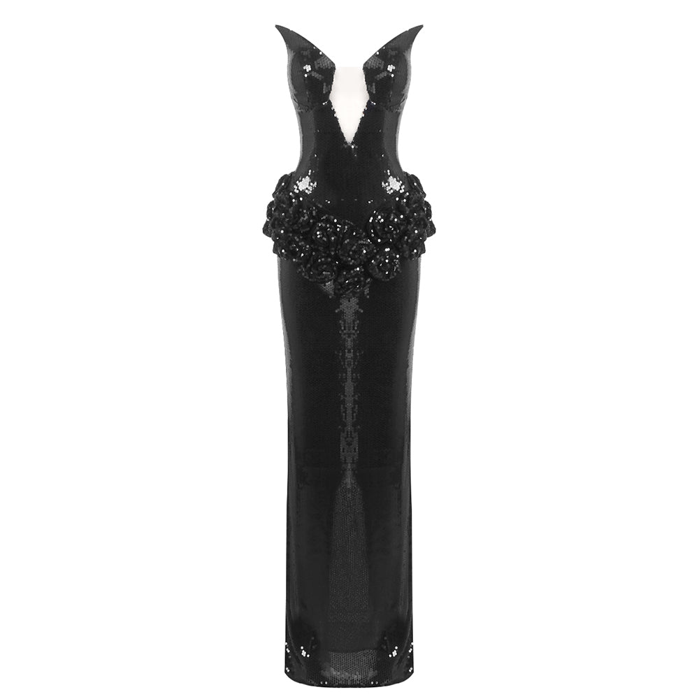 Strapless Sequin Floral Detail Maxi Dress Black HV2063