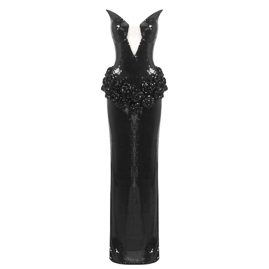 Strapless Sequin Floral Detail Maxi Dress Black HV2063