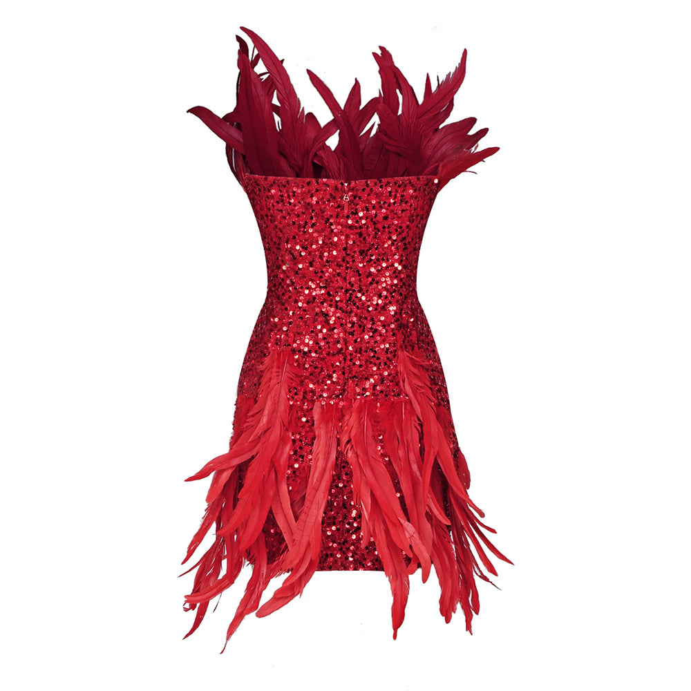 Strapless Feather Sequin Dress Red HV9175