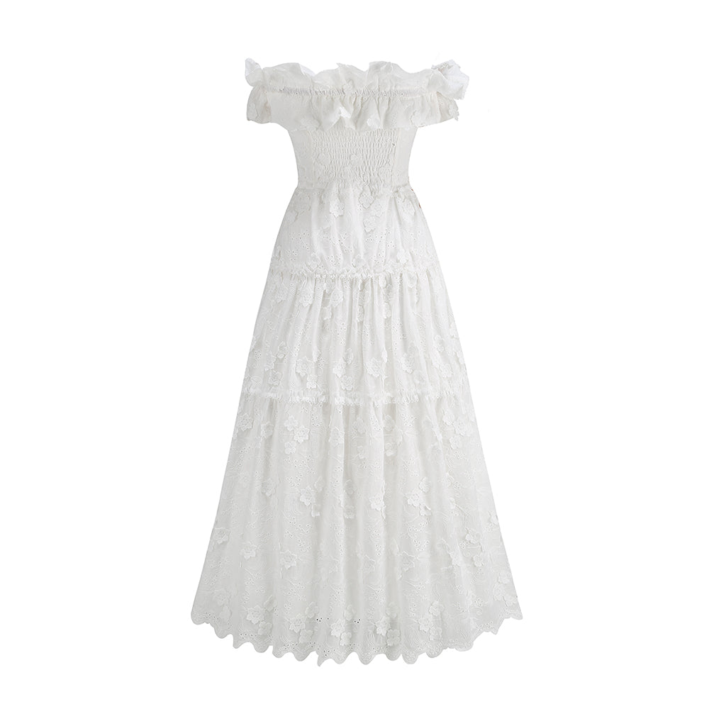 Ruffle Bardot A Line Midi Broderie Anglaise Dress White HV1407