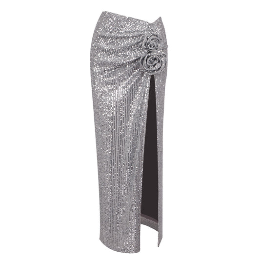 Floral Sequin Maxi Skirt Silver HV1610