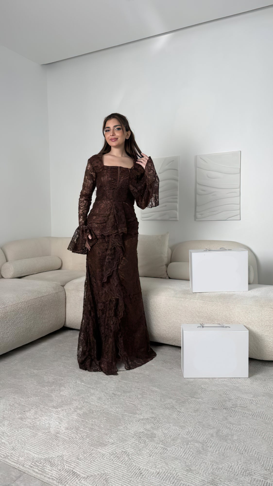 Long Sleeve Ruffle Detail Lace Maxi Dress Brown HV3238