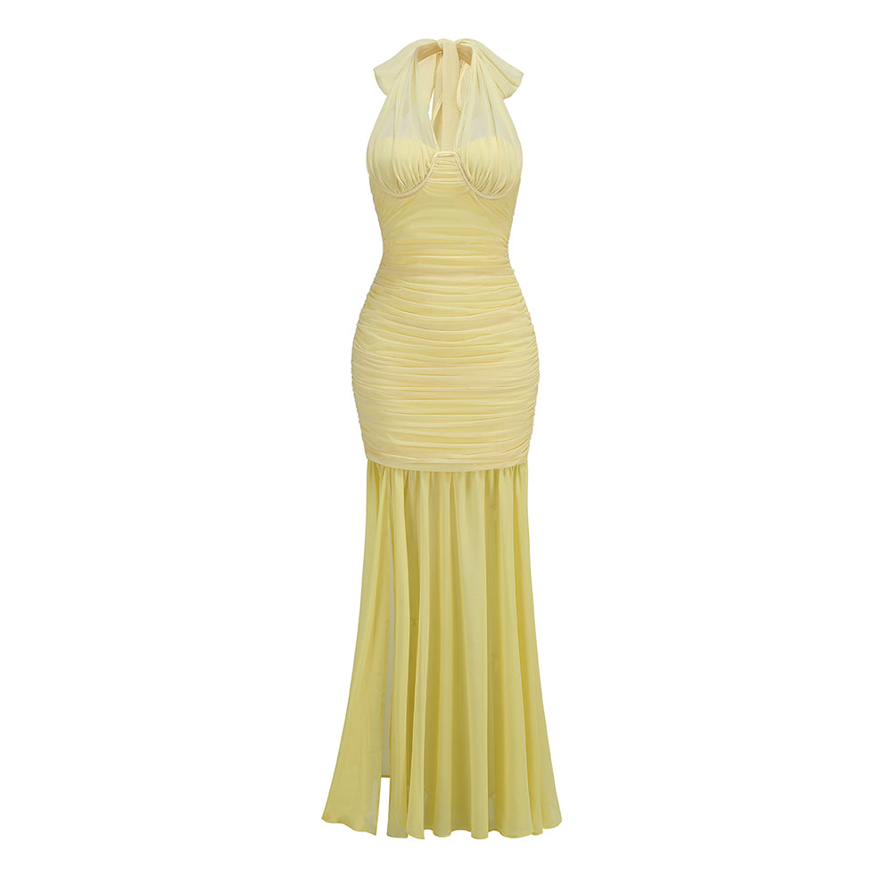 Halter Bustier Ruched Maxi Dress Yellow HV1648