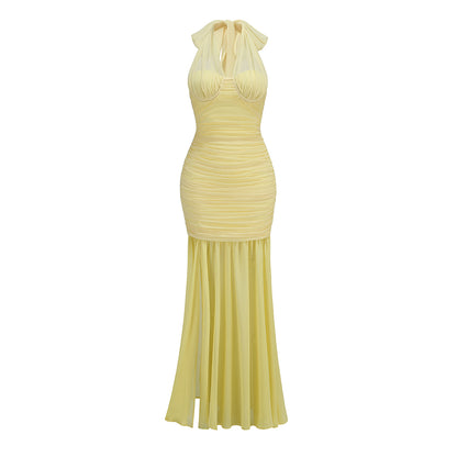 Halter Bustier Ruched Maxi Dress Yellow HV1648