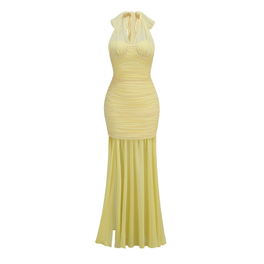 Halter Bustier Ruched Maxi Dress Yellow HV1648