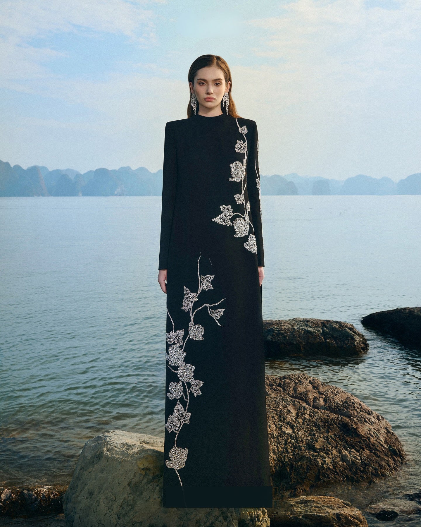Long Sleeve Floral Crystal Maxi Dress Black HV2646