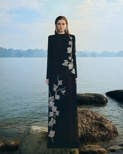 Long Sleeve Floral Crystal Maxi Dress Black HV2646