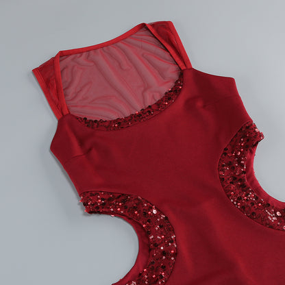 Mesh Sequin Cut Out Maxi Dress Red HV2834