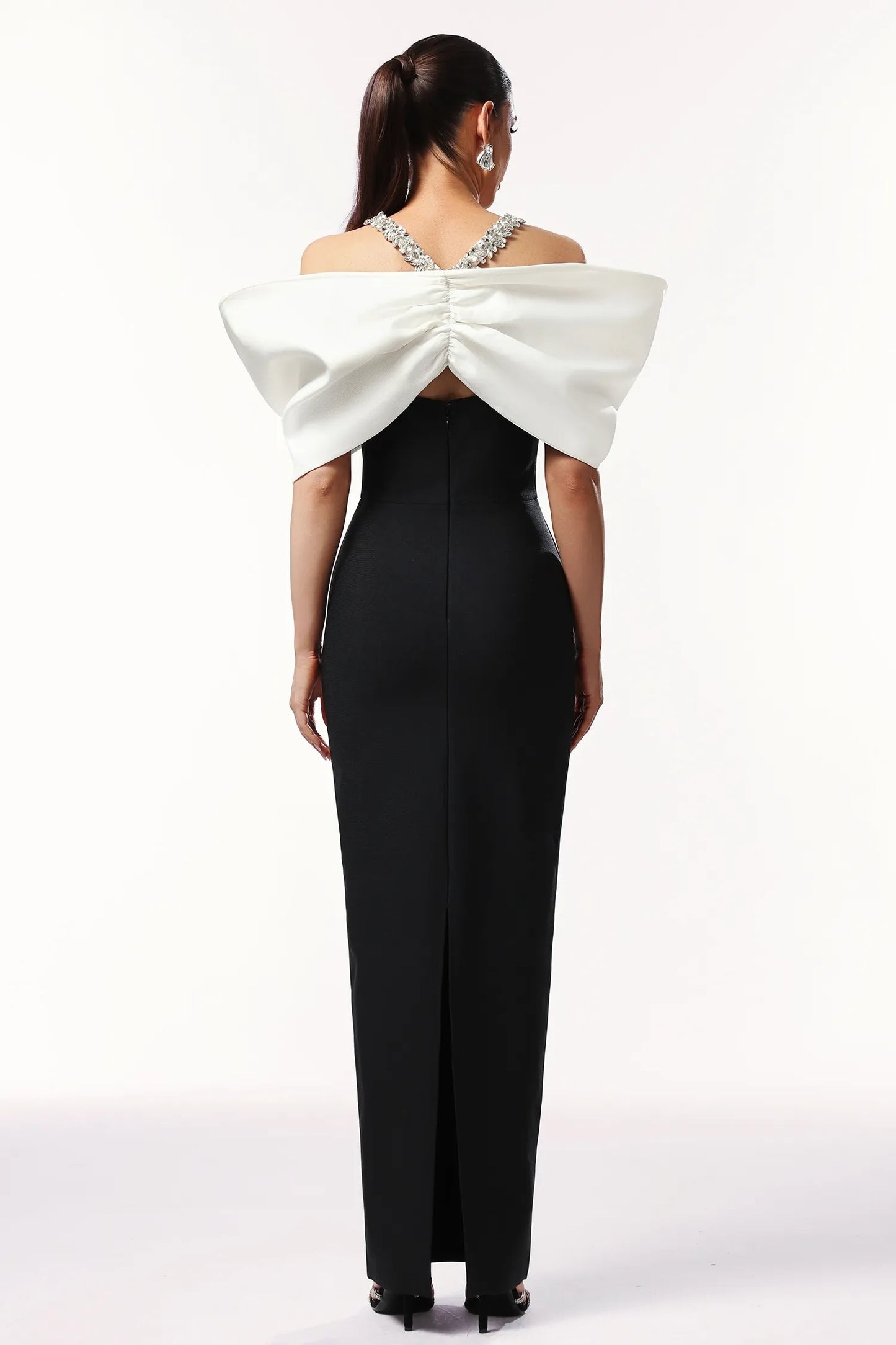 Halter Crystal Bardot Maxi Dress Black White HV2677