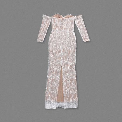Long Sleeve Bardot Maxi Dress Nude HV2134