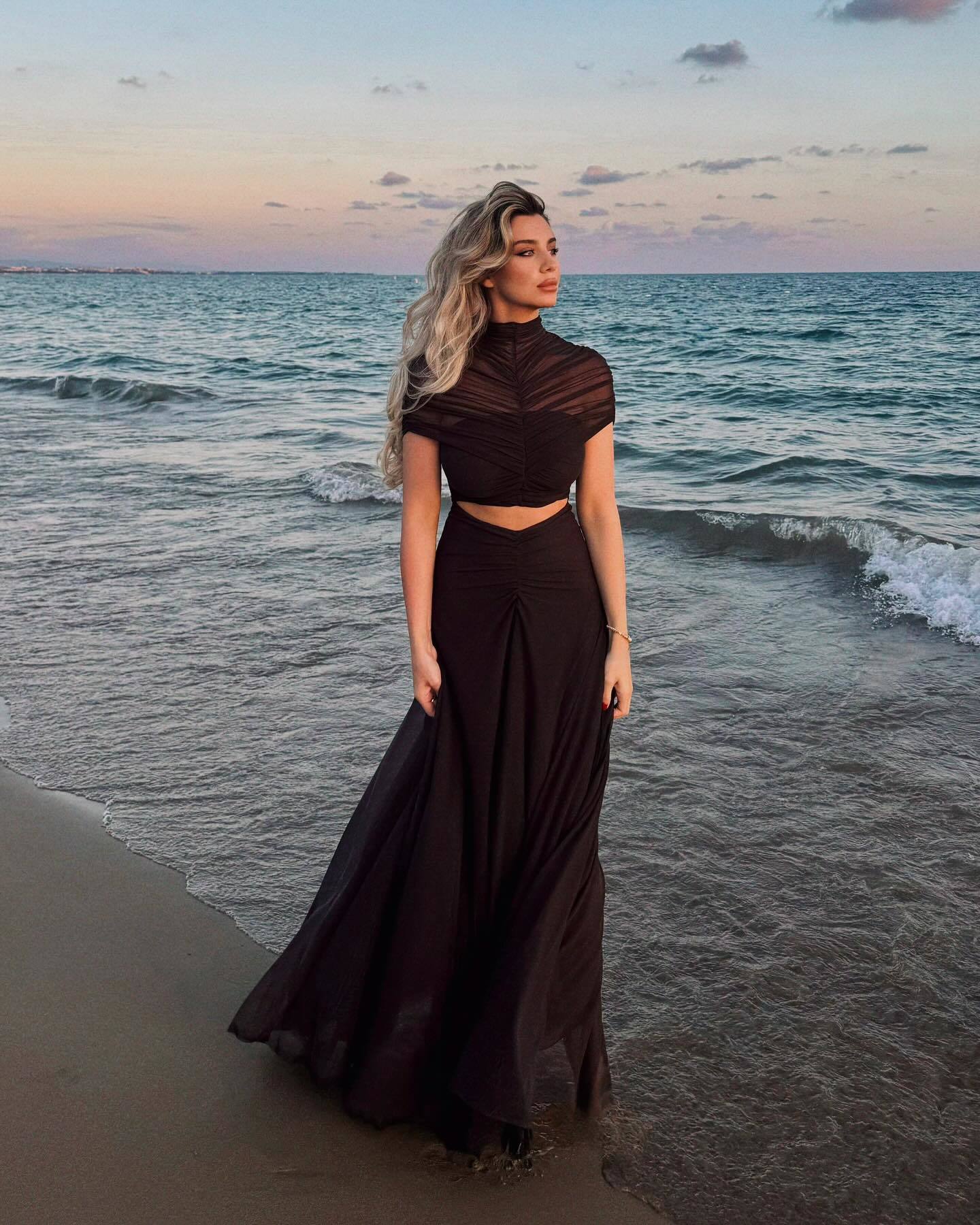 Draped Mesh Cut Out A Line Maxi Dress Brown HV2671