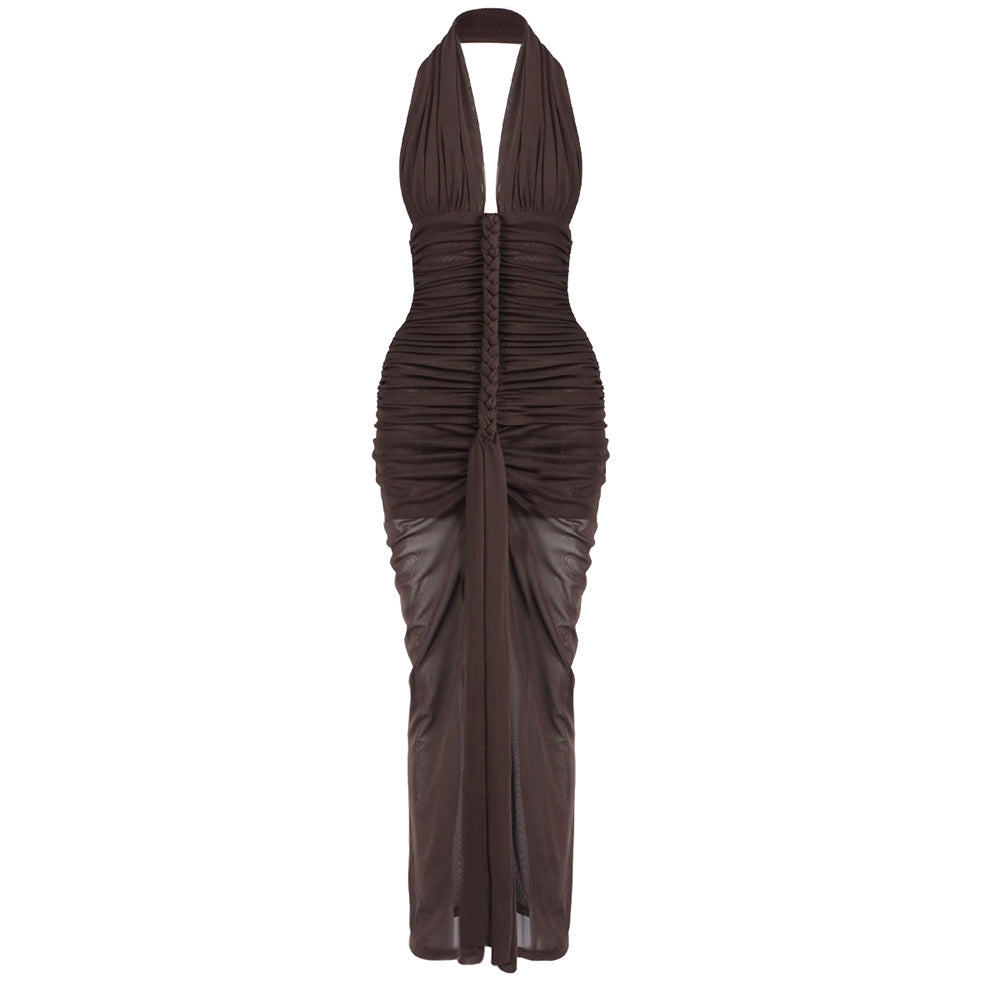 Halter Braid Detail Ruched Maxi Dress Brown HV0083