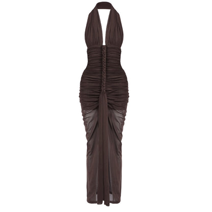 Halter Braid Detail Ruched Maxi Dress Brown HV0083