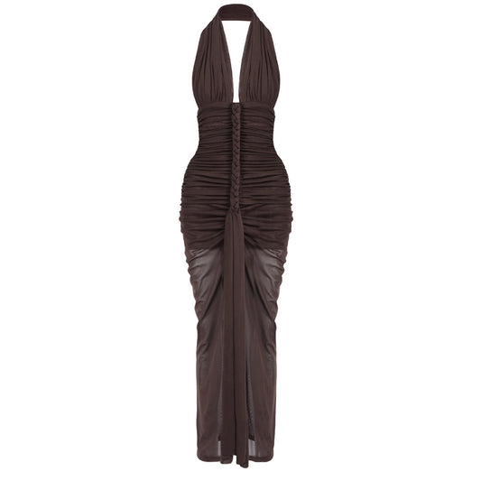 Halter Braid Detail Ruched Maxi Dress Brown HV0083