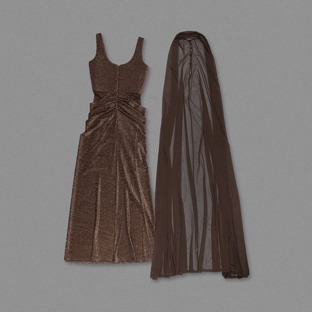Mesh Insert Sparkly Maxi Dress Brown HV0061