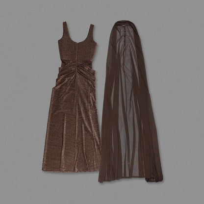 Mesh Insert Sparkly Maxi Dress Brown HV0061