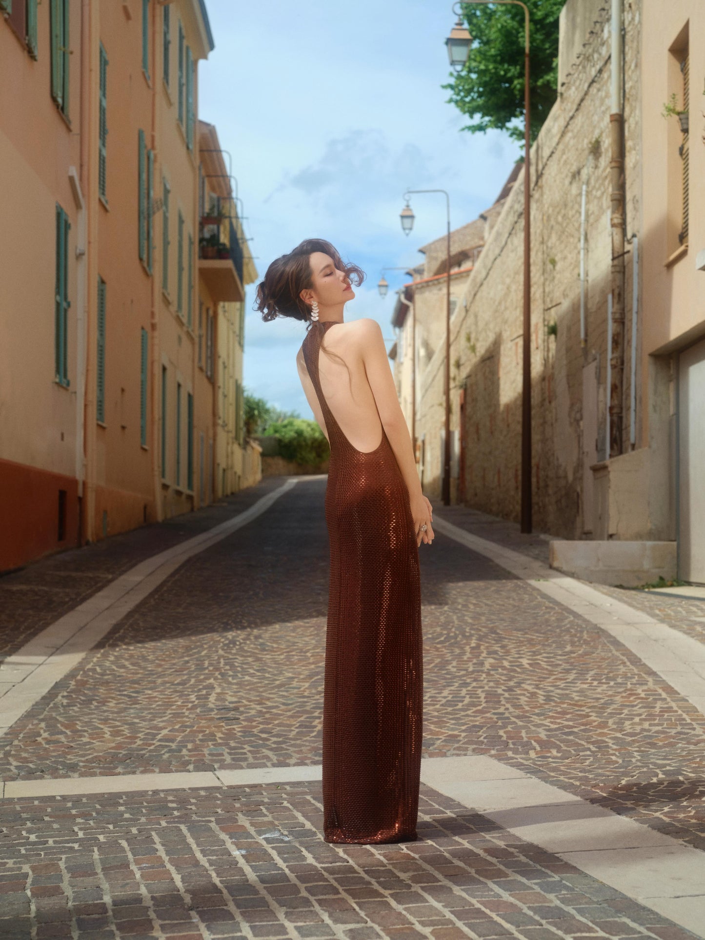 Draped Neckline Sparkly Maxi Dress Brown HV3105