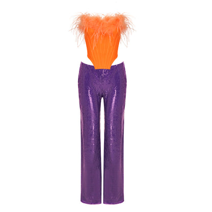 Strapless Feather Two Piece Jumpsuit Orange Purple  HV9937