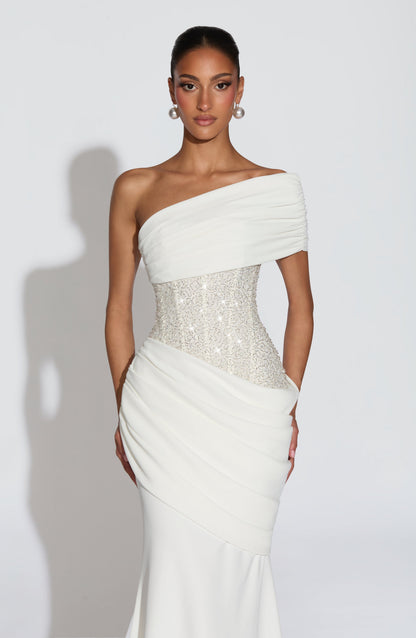 Draped One Shoulder Sequin Corset Maxi Dress HV3208