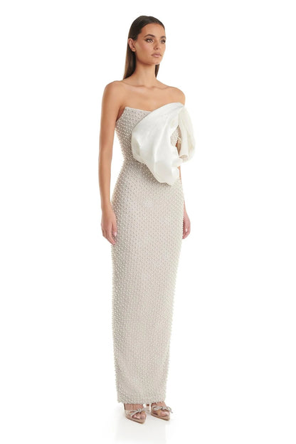 Draped Bardot Pearl Maxi Dress White HV1133