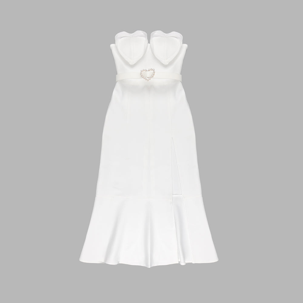 Strapless Heart Detail Belt Midi Dress White HV9638