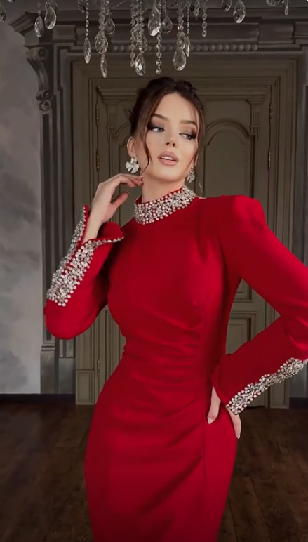 Long Sleeve Crystal Detail Midi Dress Red  HV1687