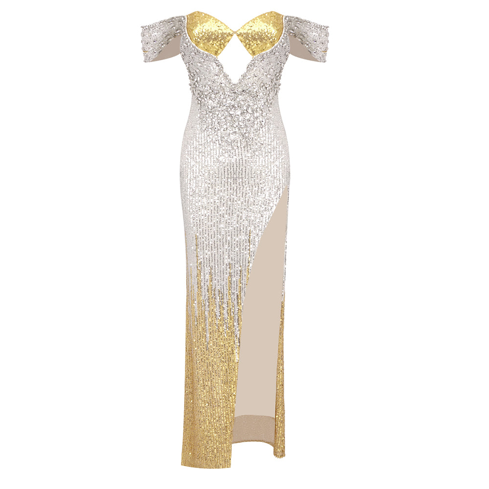 Bardot Crystal Sequin Maxi Dress Gold Silver HV1540