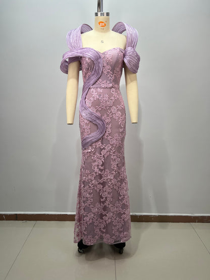 เดรสยาวผ้าลูกไม้ สีชมพูลาเวนเดอร์ HV2953