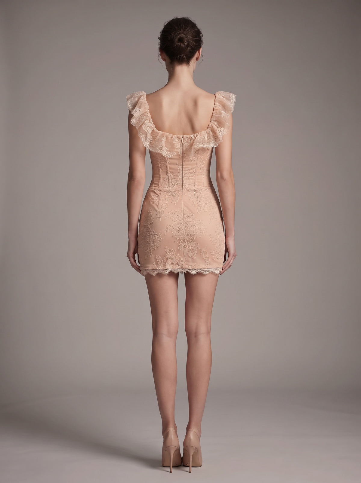 Lace Ruffle Structured Dress Peach Nude HV3232