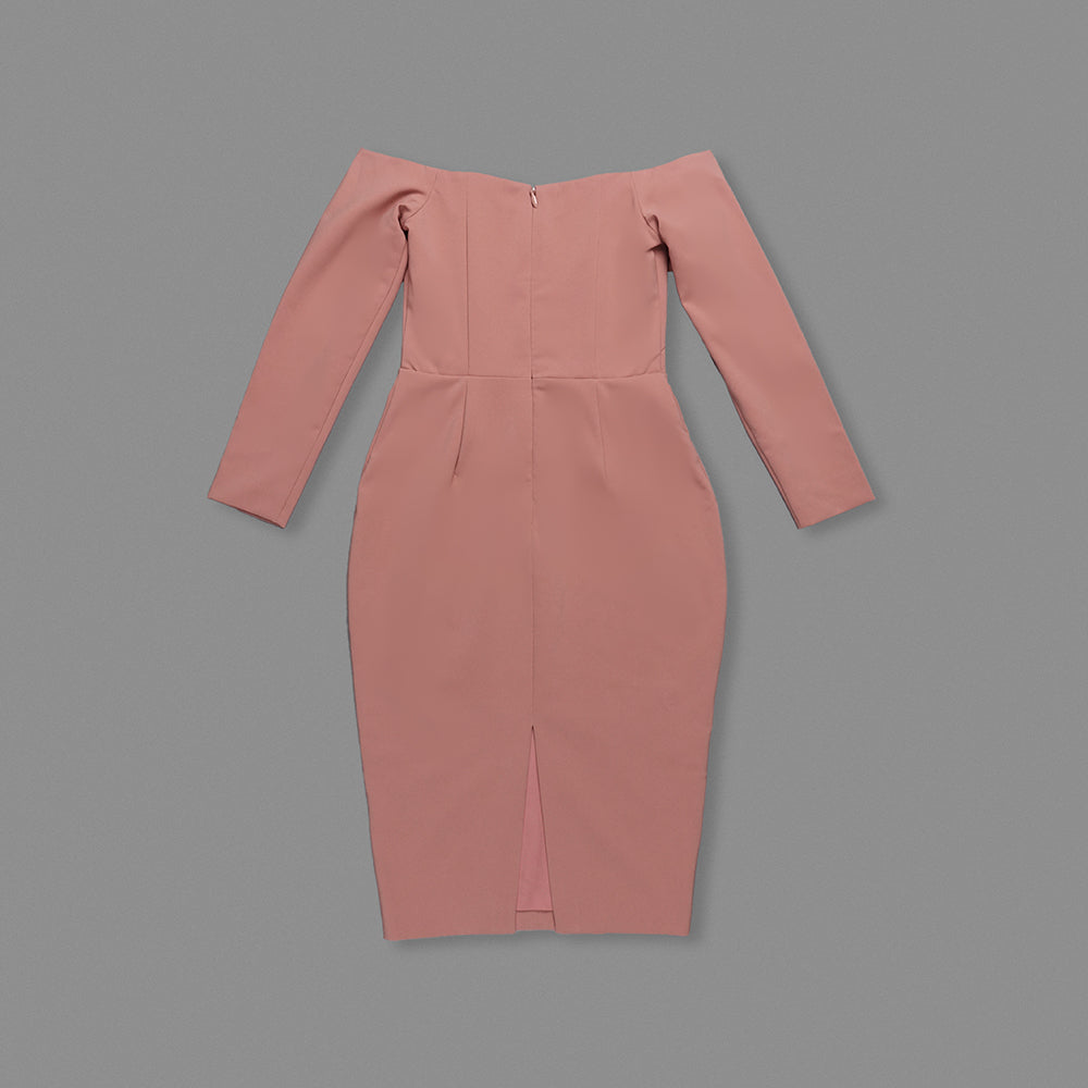 Long Sleeve Draped Bardot Midi Dress Pink HV0001