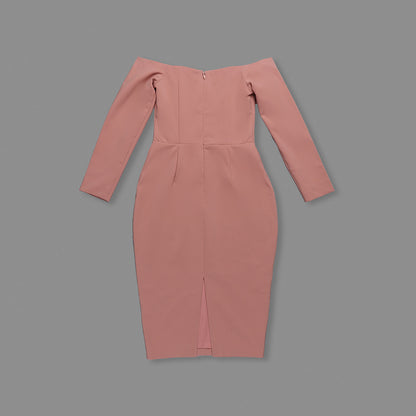 Long Sleeve Draped Bardot Midi Dress Pink HV0001