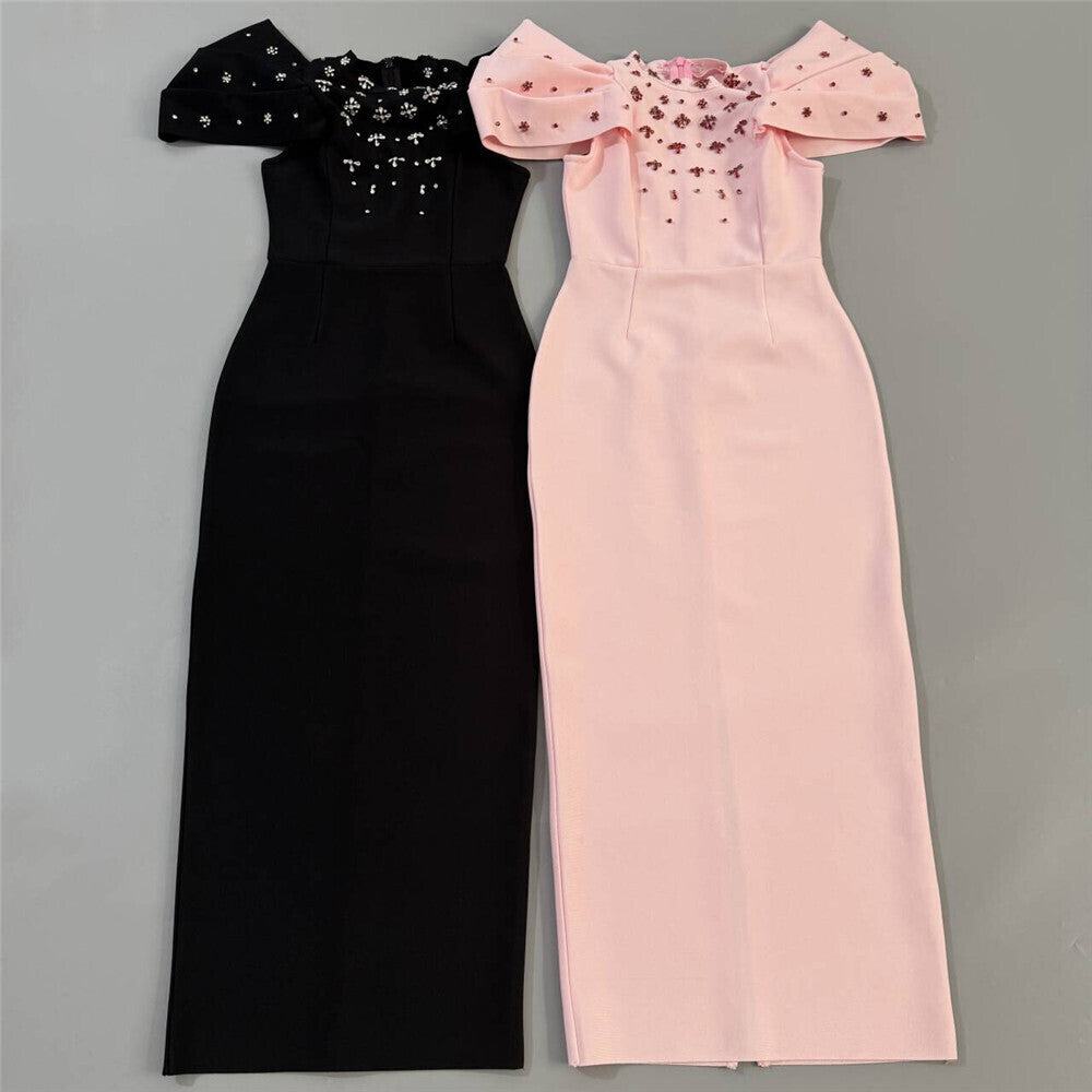 Draped Short Sleeve Crystal Maxi Dress HV2802