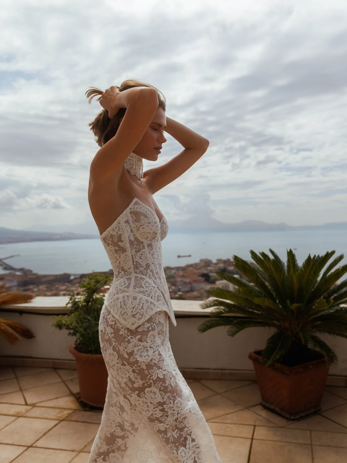 Strapless Lace Corset Two Piece Maxi Dress White HV3214