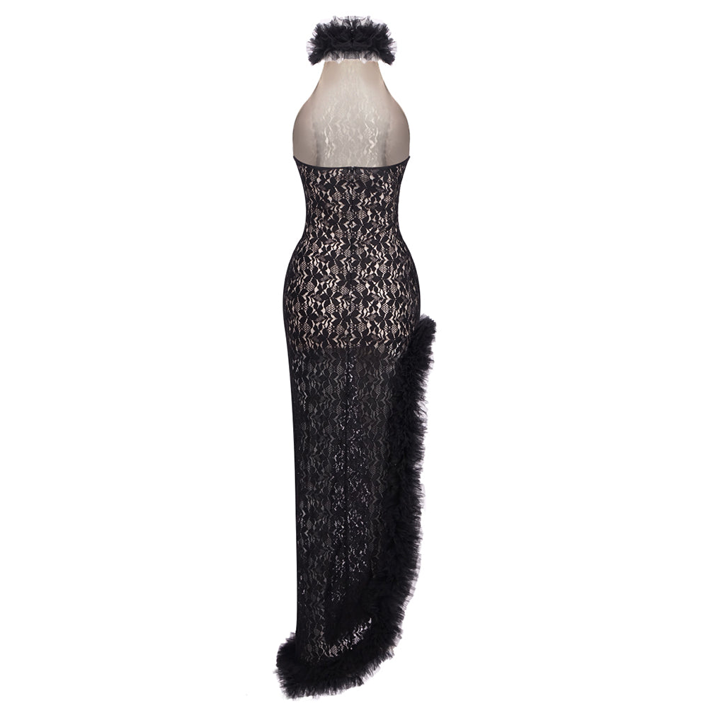 Halter Ruffle Detail Maxi Dress Black HV2685