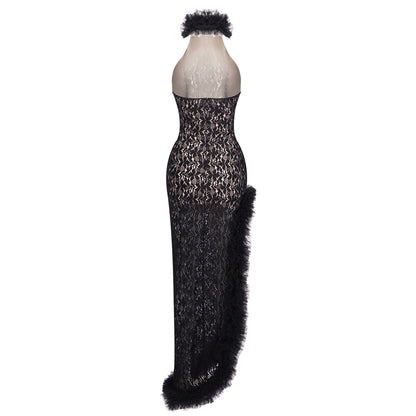 Halter Ruffle Detail Maxi Dress Black HV2685