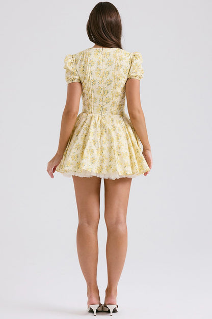 Short Sleeve Floral A Line Dress Yellow HV1205