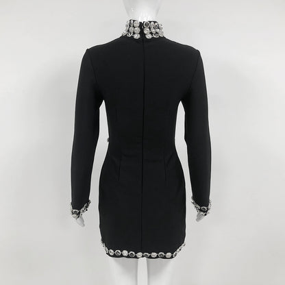 Long Sleeve Crystal Trim Dress Black HV1665