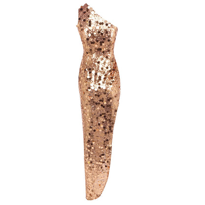 One Shoulder Asymmetric Sequin Maxi Dress Gold HV0033