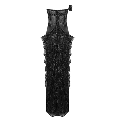 Strapless Floral Draped Lace Maxi Dress Black HV1140