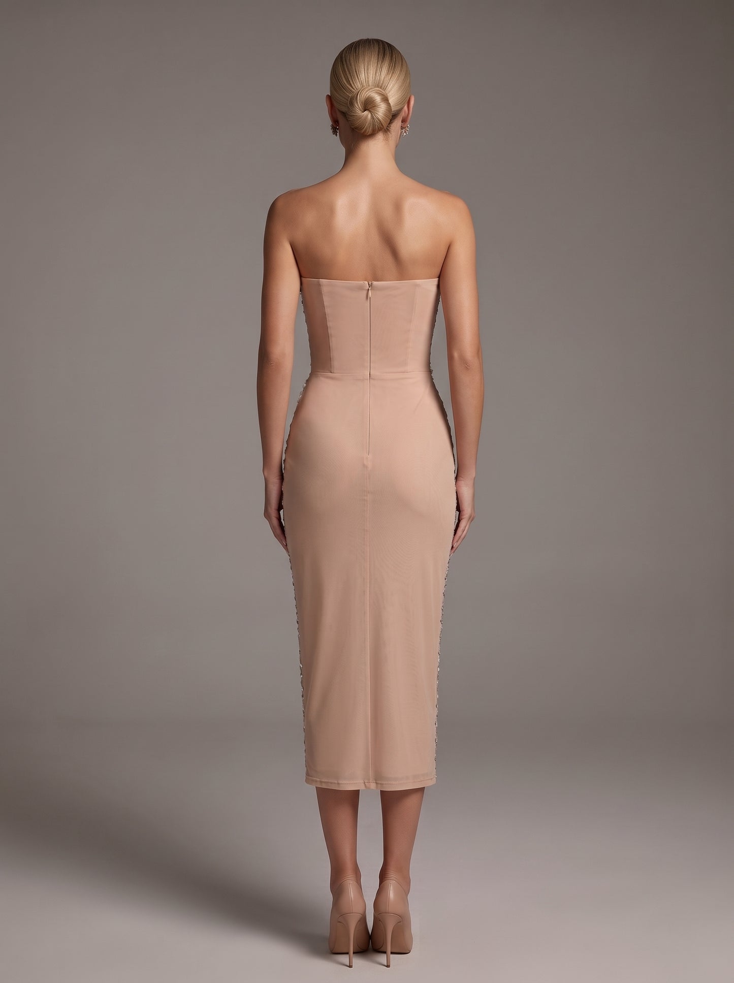 Strapless Floral Detail Embellished Midi Dress Nude HV3139