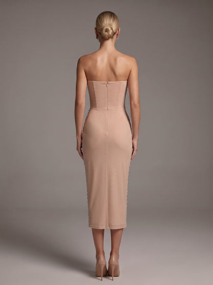 Strapless Floral Detail Embellished Midi Dress Nude HV3139