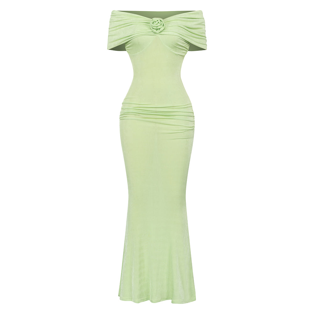 Off Shoulder Ruffle Detail Maxi Dress Green HV9418