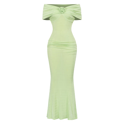 Off Shoulder Ruffle Detail Maxi Dress Green HV9418