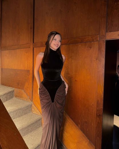 Halter Draped Maxi Velvet Dress Black Brown HV