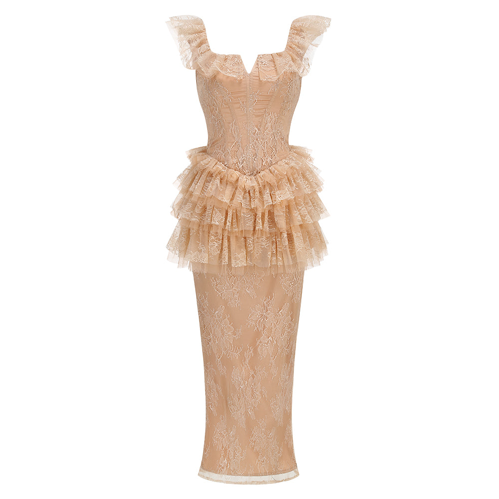 Ruffle Lace Maxi Dress Peach Nude HV3233