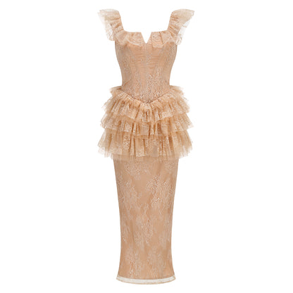 Ruffle Lace Maxi Dress Peach Nude HV3233