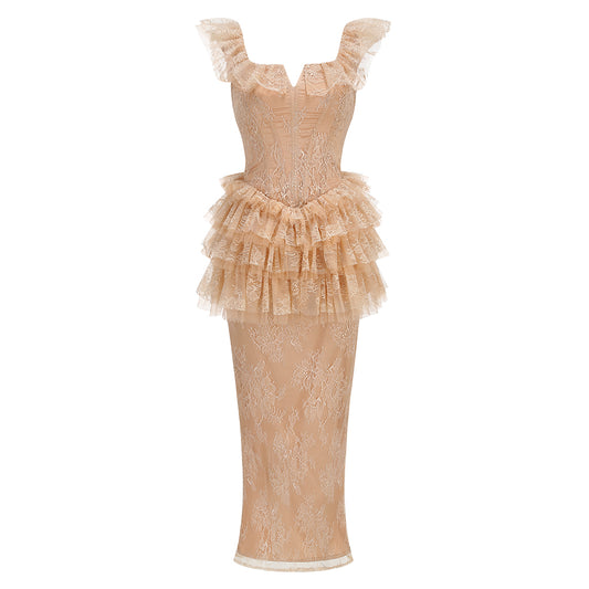 Ruffle Lace Maxi Dress Peach Nude HV3233