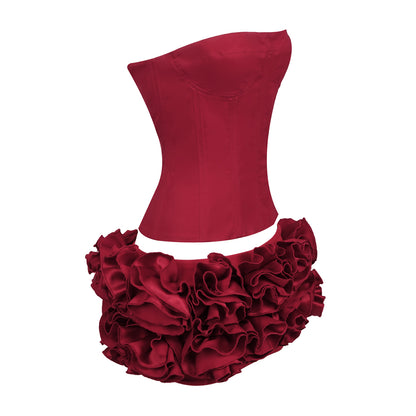 Strapless Corset Floral Ruffle Two Piece Dress Red HV1645