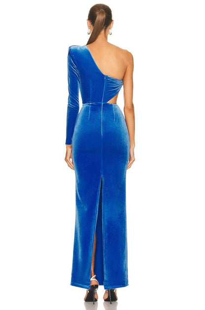 One Sleeve Maxi Velvet Dress Blue
