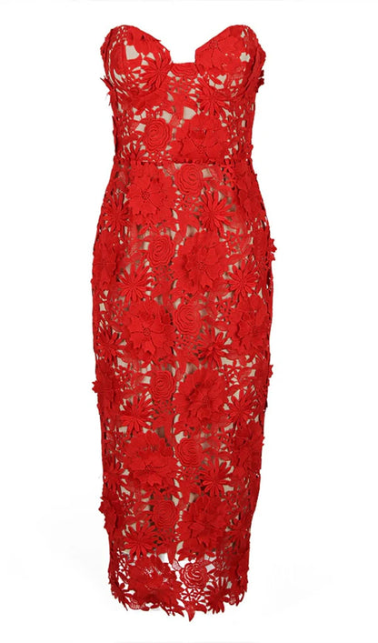 Strapless Bustier Floral Crochet Midi Dress Red HV1270